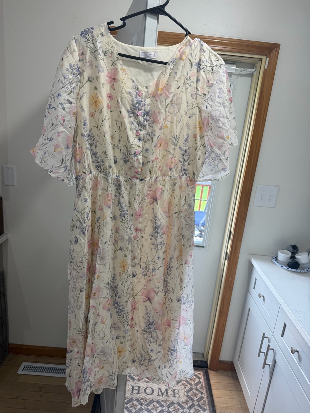 Cream Floral Midi Dress with Pink & Lavender Print